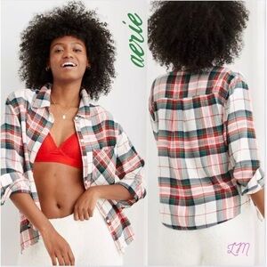Aerie Flannel Pajama Shirt In Soft Muslin Green Red Size Large Oversized Fit